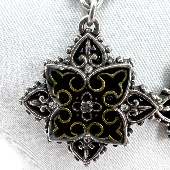 Brighton Clear Rhinestone Black Enamel Danale Medallion Pierced Earrings 2 inch - Picture 2 of 5